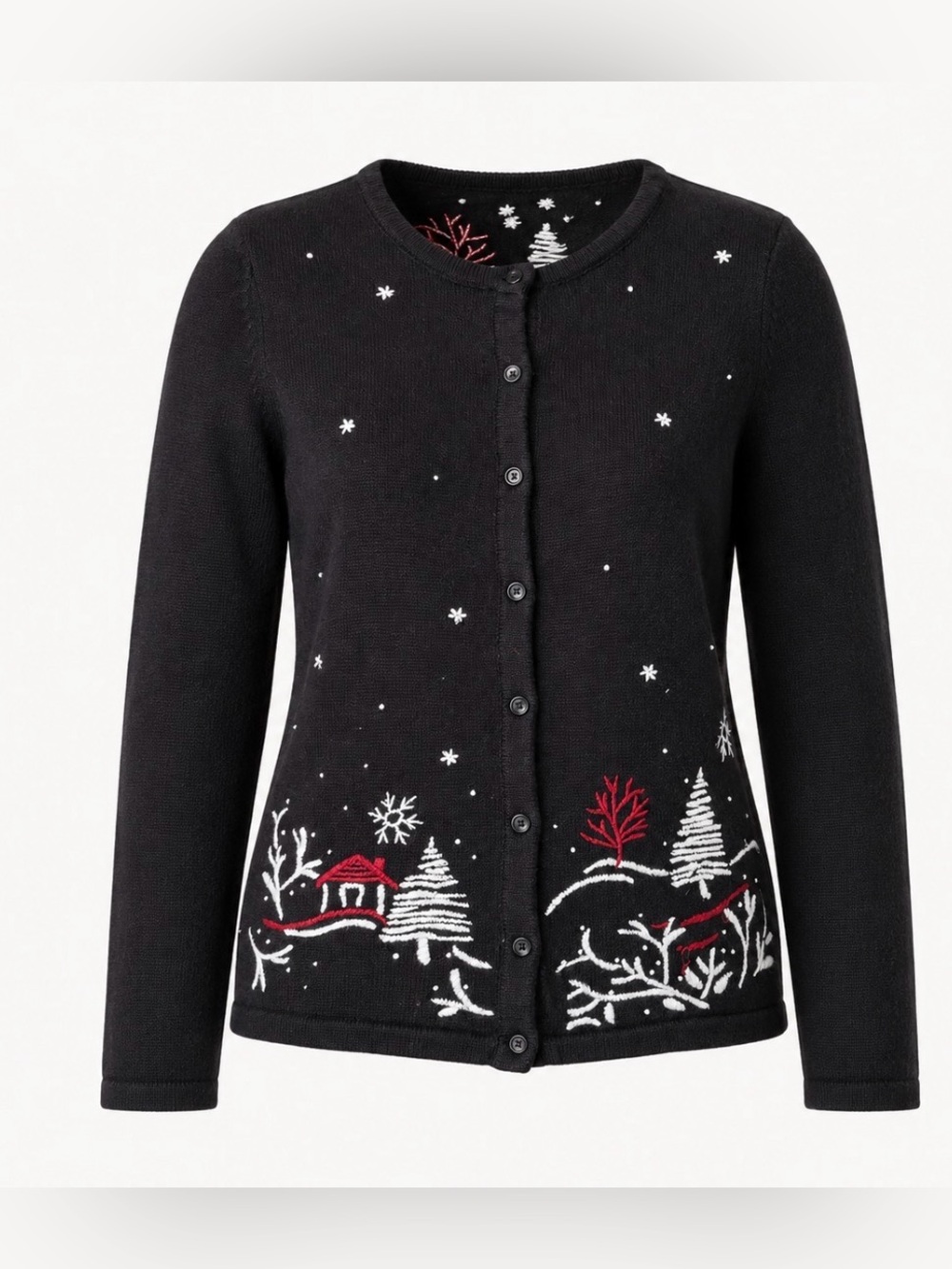 Y2k Christmas Cardigan Black Zip Large Winter Village Cottagecore Teacher Church